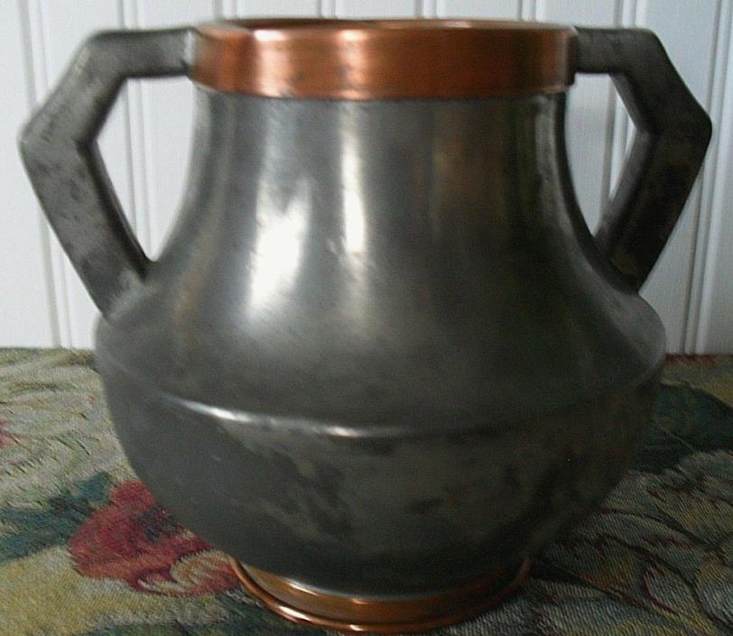 OLD ARTS & CRAFTS*MISSION*worn silverplated pewter*COPPER BANDS~URN HANDLED VASE