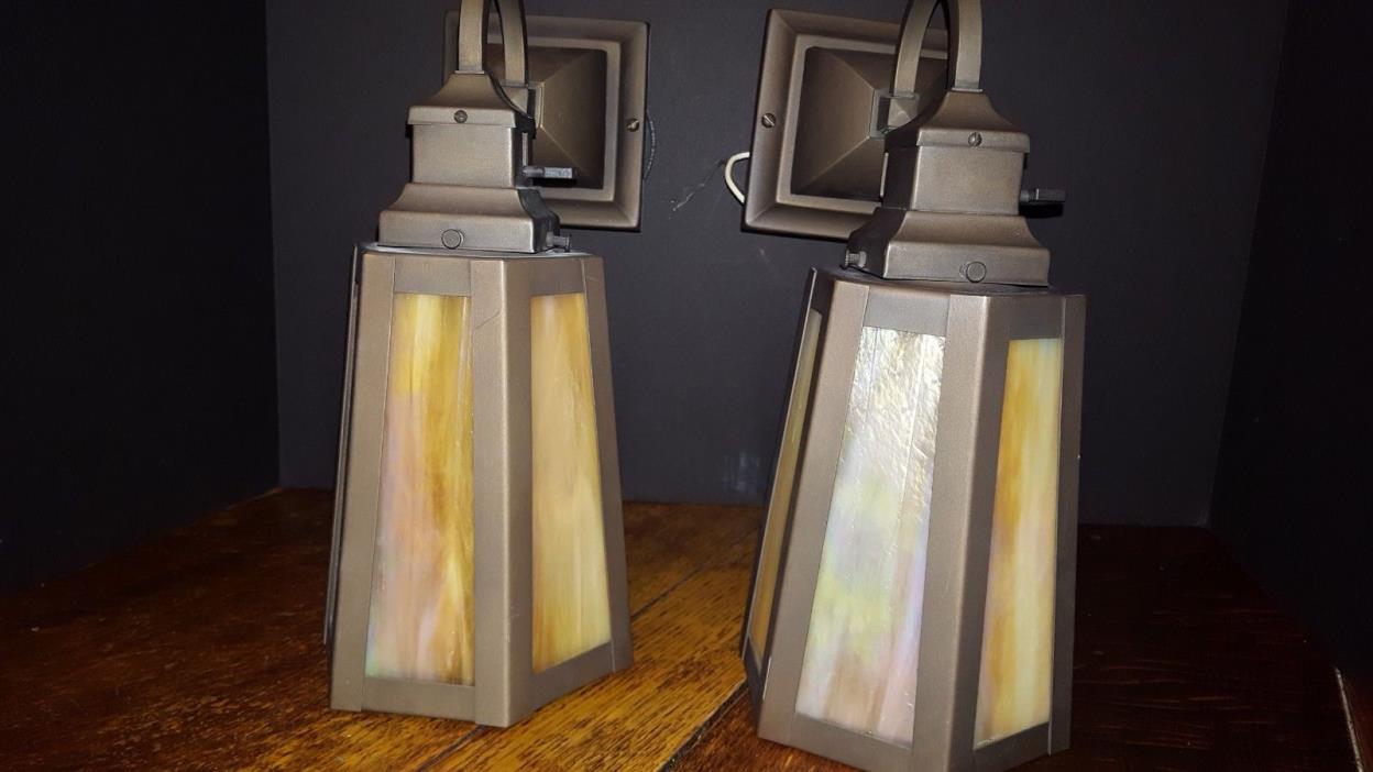 A Gorgeous Pair of Arts &Craft Wall Lanterns W/ Opalescent Slag Glass Circa 1905