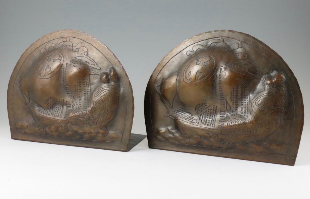 Harry St John Dixon Hammered Copper Acid-Etched Galleon Ship Bookends
