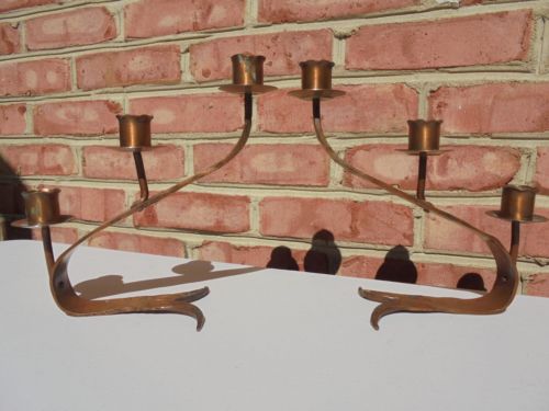 Pr Vintage Erhard Glander Hand Wrought Copper Arts & Crafts 3-Lite Candleholders