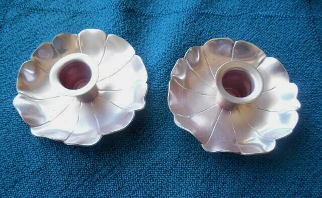 McClelland Barclay Pink Colored Aluminum Candlesticks Pair Floral Pattern Signed