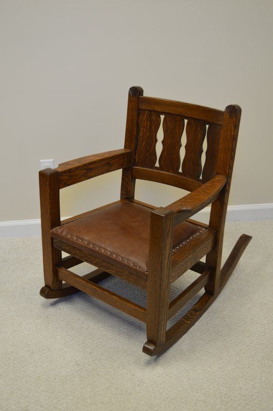 Vintage Oak Rocker Mission Arts & Craft Leather Rocking Chair