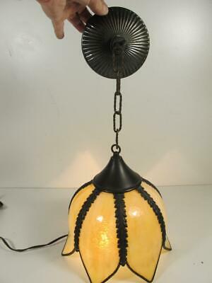 VINTAGE ARTS & CRAFTS SLAG GLASS TULIP  HANGING LAMP CHANDELIER FIXTURE 7 PANELS