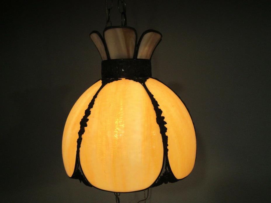 30s Arts & Crafts Slag Light Hanging Swag Lamp Ornate Brass Antique Carmel Ivory