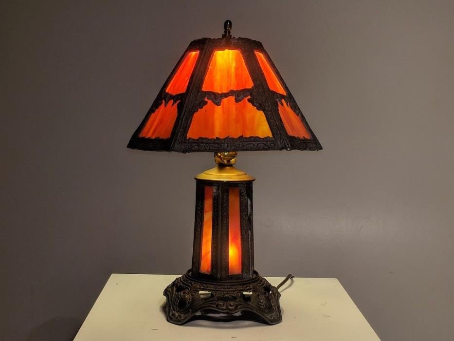 ARTS & CRAFTS ' PH ' Heavy Cast ORANGE Paneled Slag Glass Lamp - Heavy