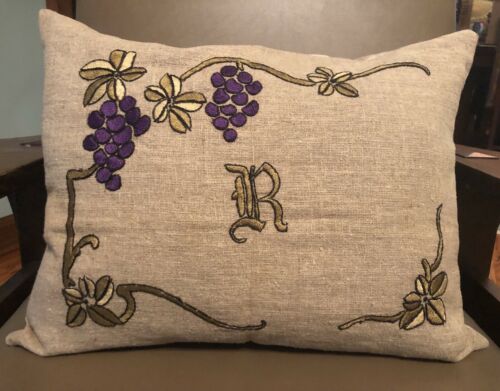 ANTIQUE ARTS & CRAFTS MISSION STYLE GRAPES STICKLEY ERA EMBROIDERED LINEN PILLOW