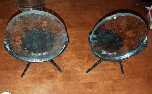 Vintage Primitive Textured Glass Disk Forged Metal Mission CANDLE Votive HOLDERS