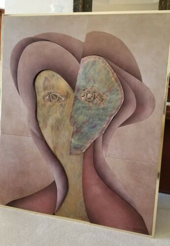 Large Vintage Suede And Copper Faces Abstract Sculpture Wall Art Signed 49