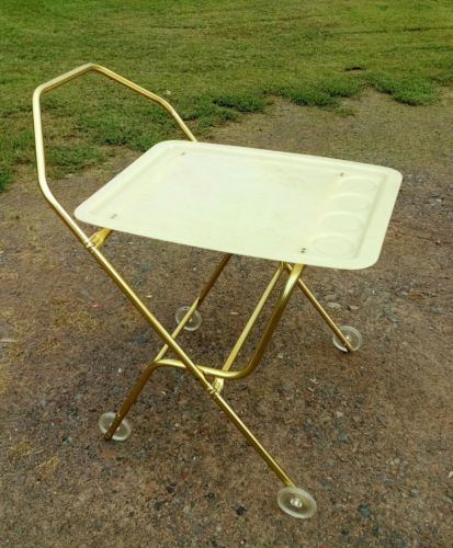Mid Century Modern Metal and Plastic Rolling Folding Serving Drink Cart Stand -