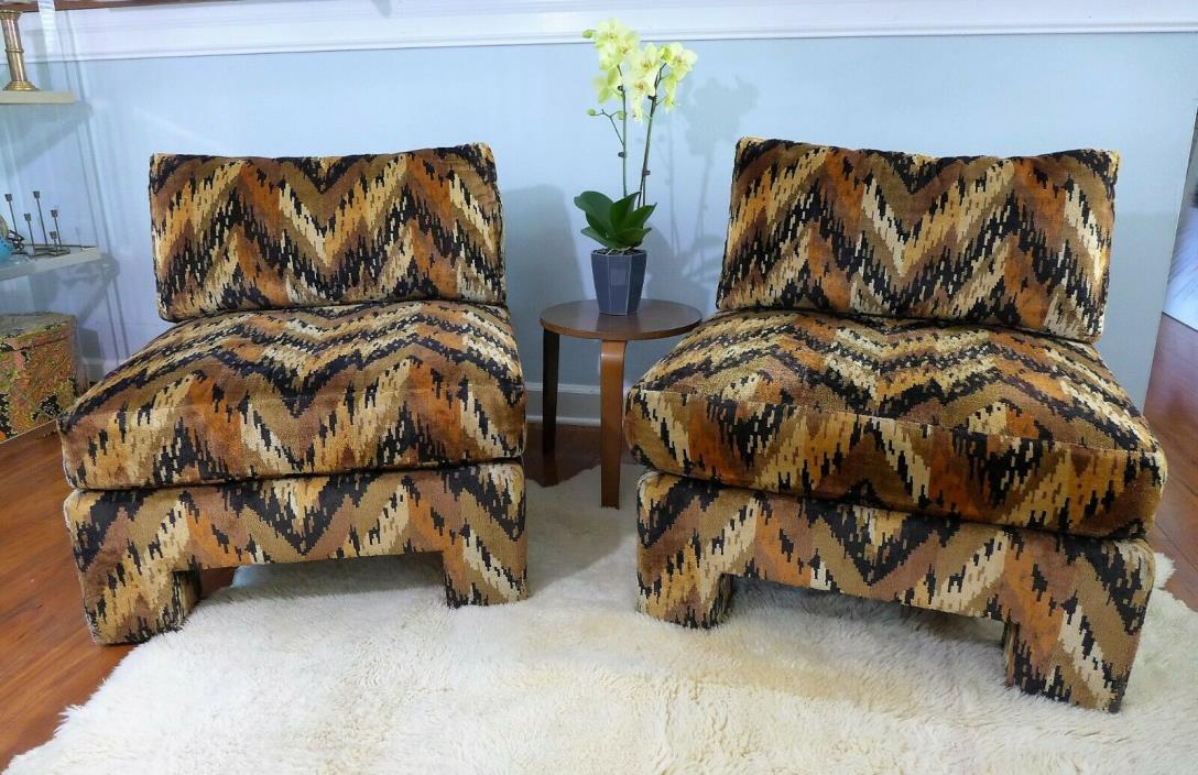 Pair of Velvet Flame Stitch Parsons Chairs Bargello Pattern Mid Century Modern 2