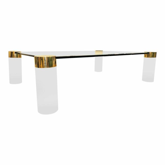 1670-101 Signed LION IN FROST Coffee Table w Four Lucite & Brass Columnar Legs