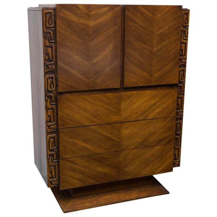 Brutalist Chest of Drawers w/Tiki Influence and Matching Nightstand MCM