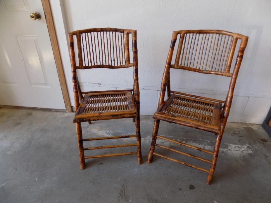 Pair of Vintage Mid Century Tortoise Bamboo Rattan Wicker Folding Chair