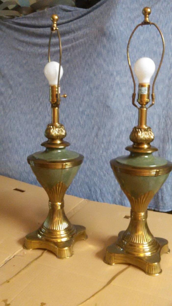 PR MID CENTURY MODERN ETHAN ALLEN OLYMPIC TORCH STYLE TABLE LAMPS BRASS & SAGE