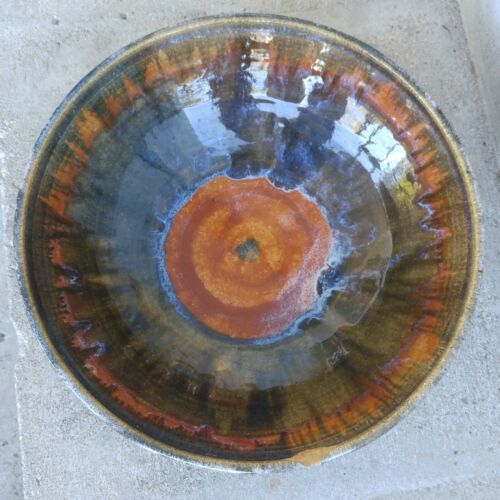Vintage 12 in stoneware art pottery mid-century modern artist Bowl Abramson