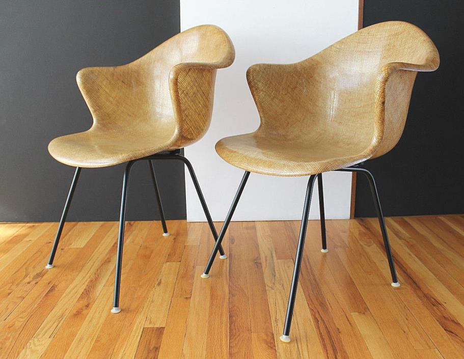 Rare Pair Fiberglass/Burlap Shell Arm Chairs Cole Steel Eames Era