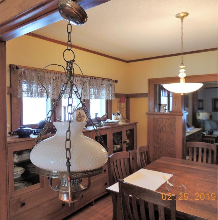 Vintage Ceiling Hanging Lamp - Large White Hobnail Glove w Metal Trim