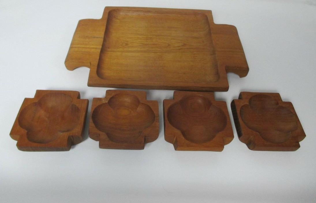 Mid Century MOD Genuine Teak Wood Tray with 4 Leaf Clover Bowls Hand Crafted