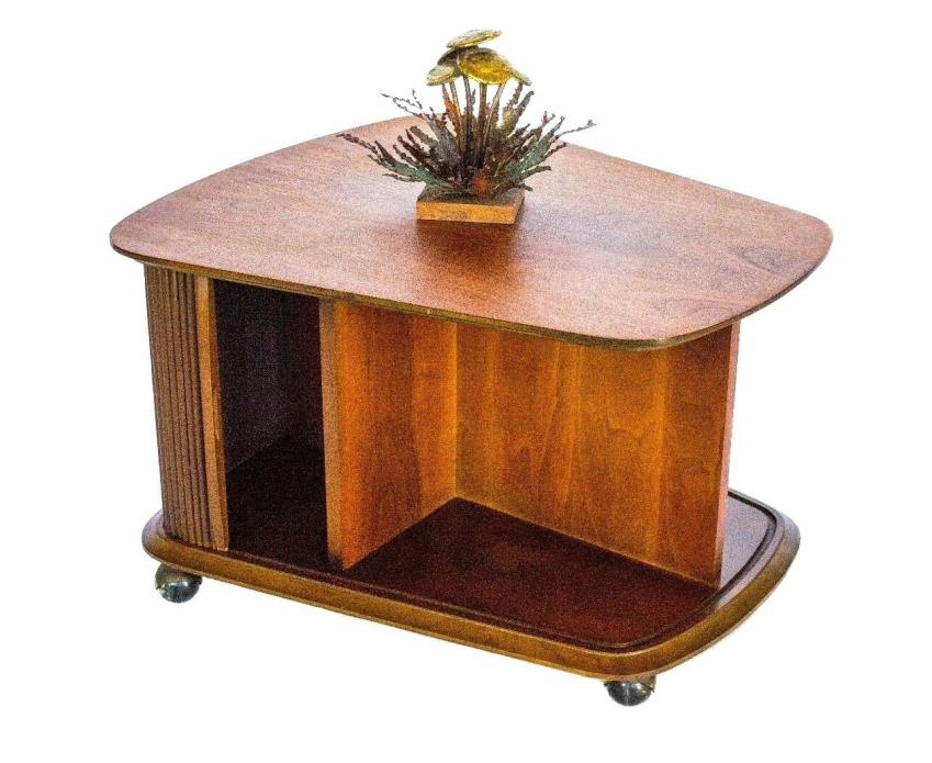 SCARCE MID CENTURY LANE WALNUT OVAL OCCASIONAL TABLE W/ TAMBOUR DOORS,WHEELS