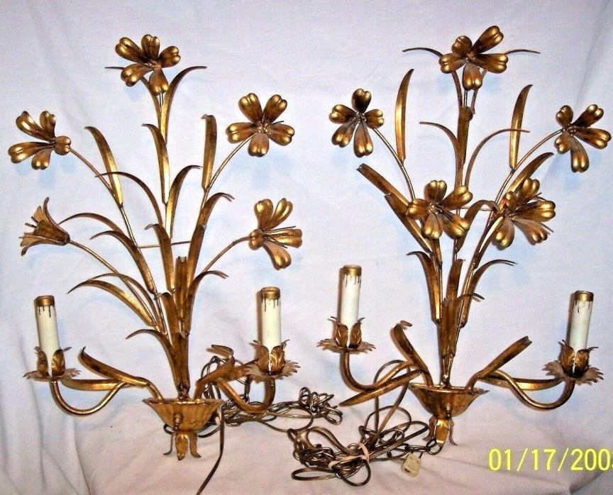 Spectacular Pair OF 2 LIGHT SCONCE GOLDEN Wall lamps Mid-Century LILIES Flower