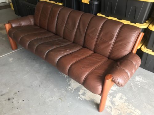 Vintage EKORNES Stressless Mid Century Danish Modern Teak Leather Low Sofa Couch