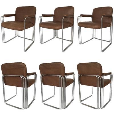 Set Six Chrome Leather Dining Chairs Pace Collection Style Mid Century Modern