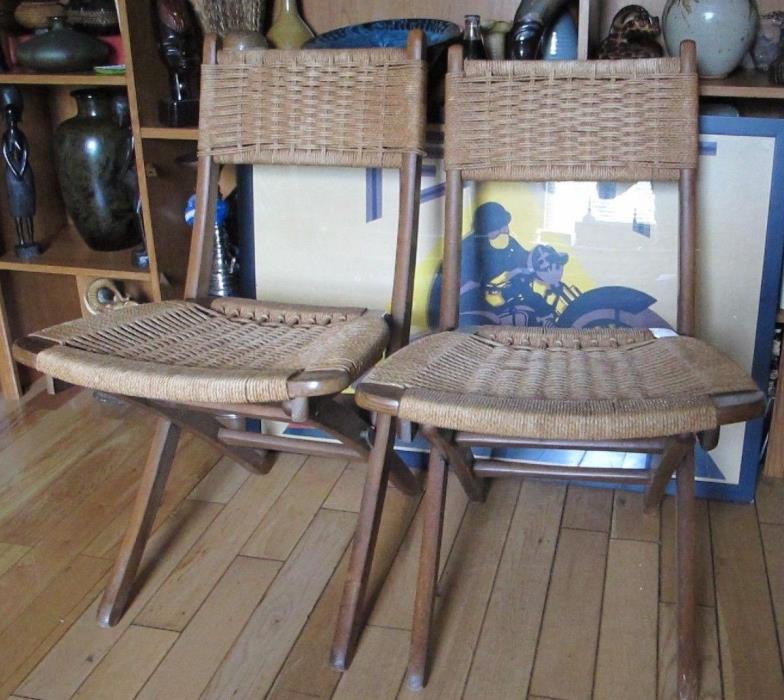 2 Vintage Mid Century Rope Folding Chairs  Hans Wegner Style