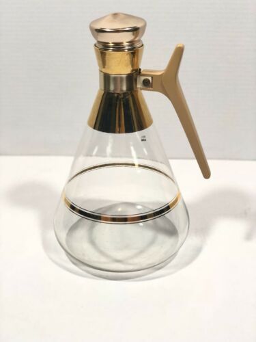 VTG MCM Glass Coffee Pot Carafe 22 Ct. Gold Striped Atomic Age Cork Stopper