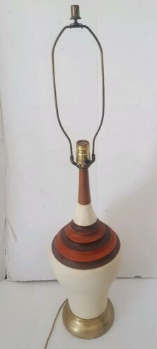 Mid Century Modern Ceramic Table Lamp Teak Orange Brown