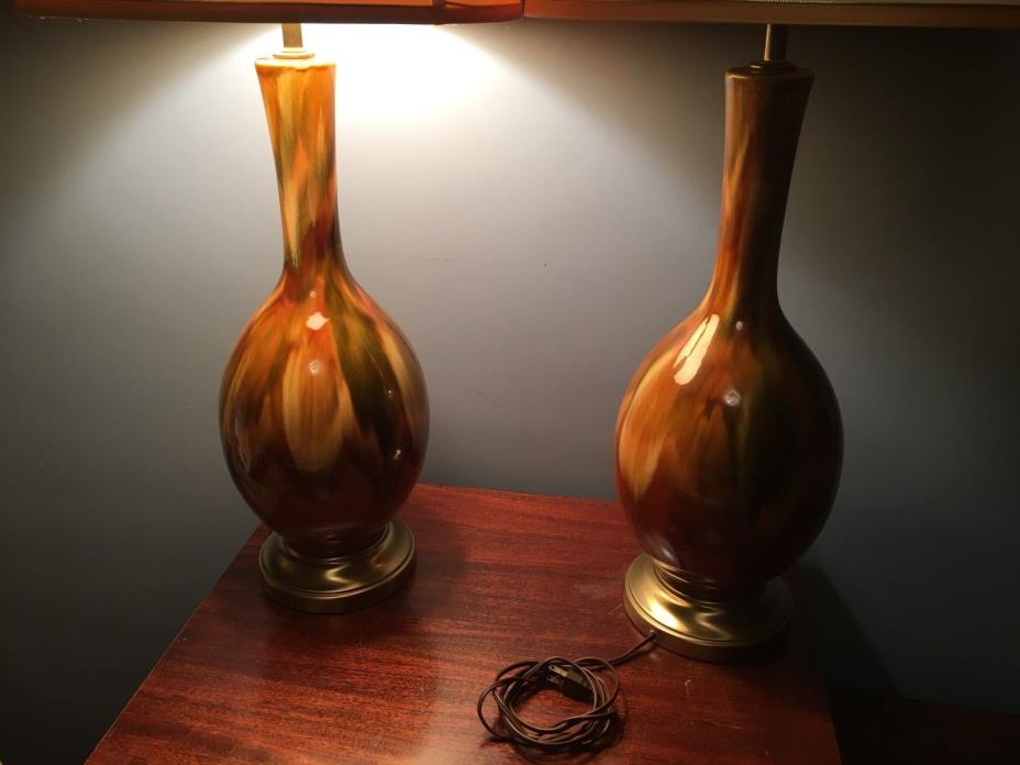PAIR MCM Mid Century Modern Drip Glaze Ceramic Table Lamps Pottery Retro Mod EUC