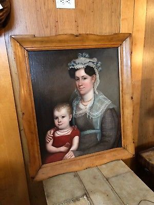 Circa 1820 American Portrait Mother and Child State of Maine Maple Frame