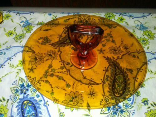 VTG Amber Sandwich Plate With Handle In The Middle