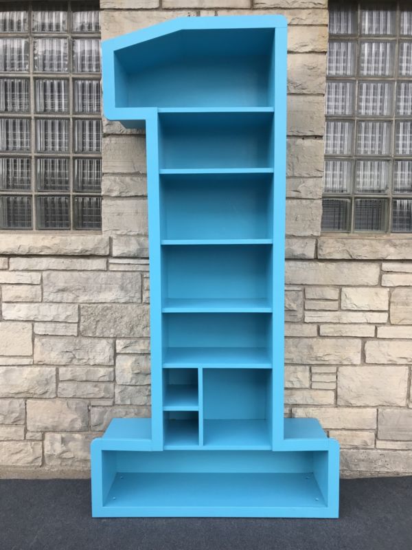 Post Modern Memphis Style Folk Art Number 1 Bookcase Shelf in Blue - 7’