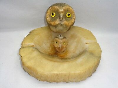 Vtg Italian Alabaster Marble Stone Carved Owl Ashtray & Owl Head Paperweight