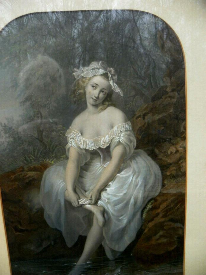 ANTIQUE MEZZOTINT ENGRAVING PICTURE/ FANCY LADY RESTING BY A STREAM~ADDED ACCENT