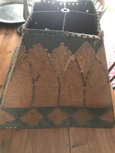 ANTIQUE VICTORIAN LEATHER LIKE HEAVY PAPER  LAMP SHADE. ARTS AND CRAFTS
