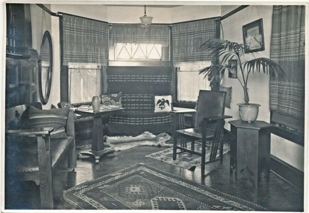 c1890 Victorian Interior Sitting Room Arts & Crafts Couch,Potted Fern Photograph