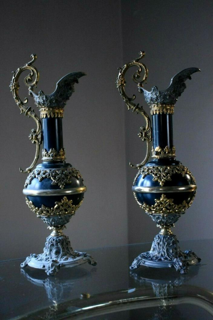 2 Antique Victorian 19th C MANTEL EWERS Urns Black Gold Gray 16