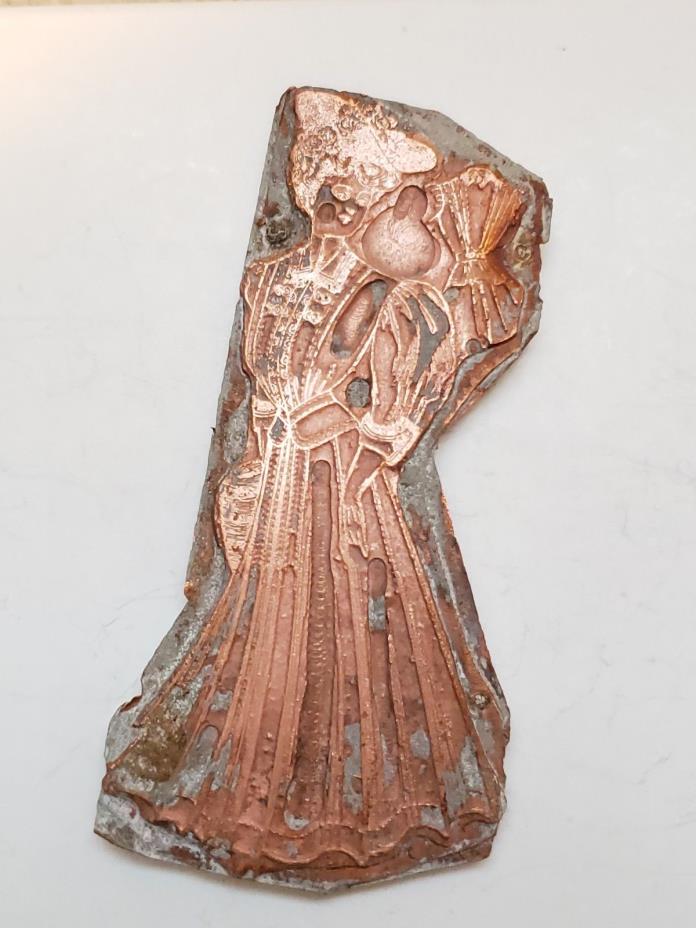 Antique Victorian Era Copper Printing Plate, Beautiful Lady In Dress Shopping