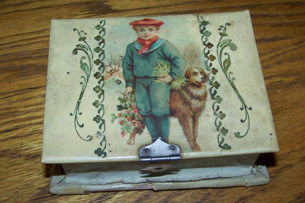 Old antique Celluloid box with child dog flowers sewing / manicure set