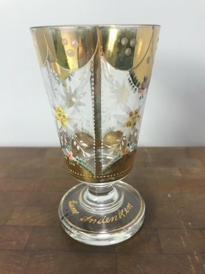 Antique Zum Andenken Bohemian  Enamel Flower Footed Glass Gilt Wine Goblet Glass