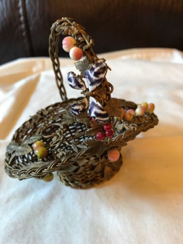 Woven Brass Perfume Basket Victorian w/Glass Fruits & Butterflies 1890