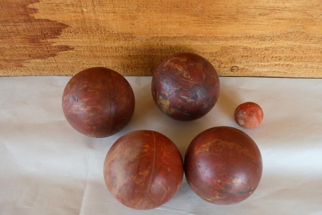 4 Antique Vintage Red Clay Carpet Balls w Tan Streaks & 1 Clay Target Ball