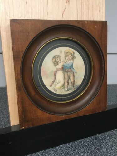 ANTIQUE Miniature Lithograph . Small Kids Fighting. Mahogany Gold Gilded Frame