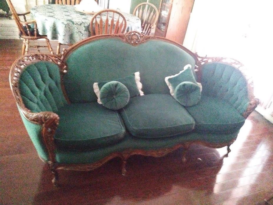 anttique chair,couch and table set, green velvet victorian re apostered in 1994,