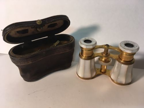 Antique Lemaire Fabt Mother Of Pearl Opera Glasses with Original Leather Case