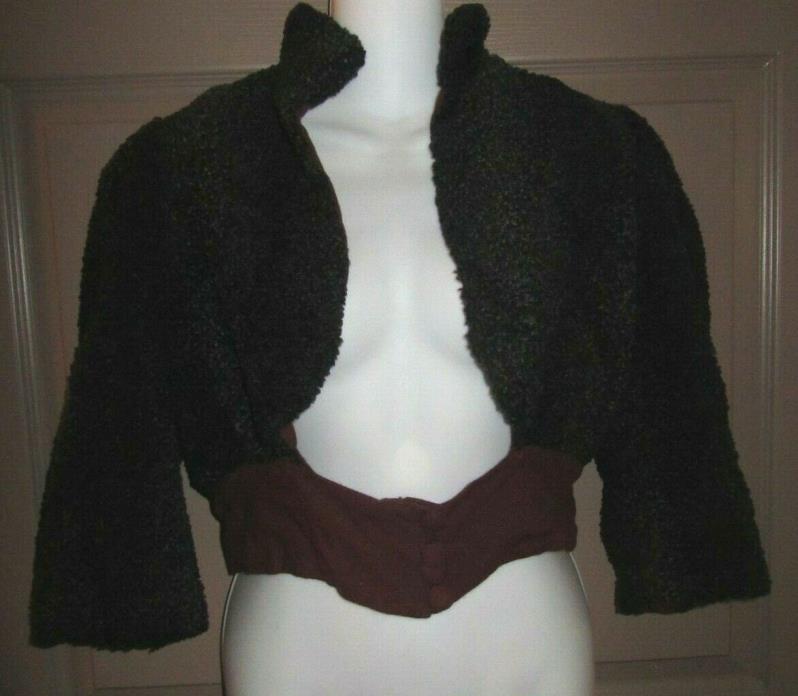 Antique Women's Victorian Jacket Black Loop Fabric Wool? - Burgundy Wool Lined