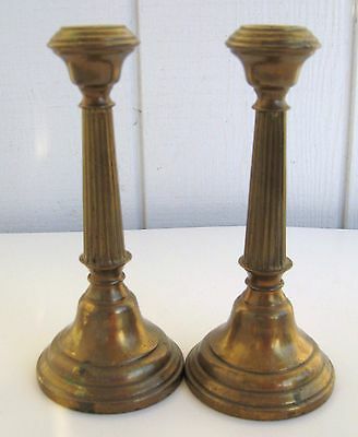Antique Victorian Fluted Brass Candlesticks Pair (2)