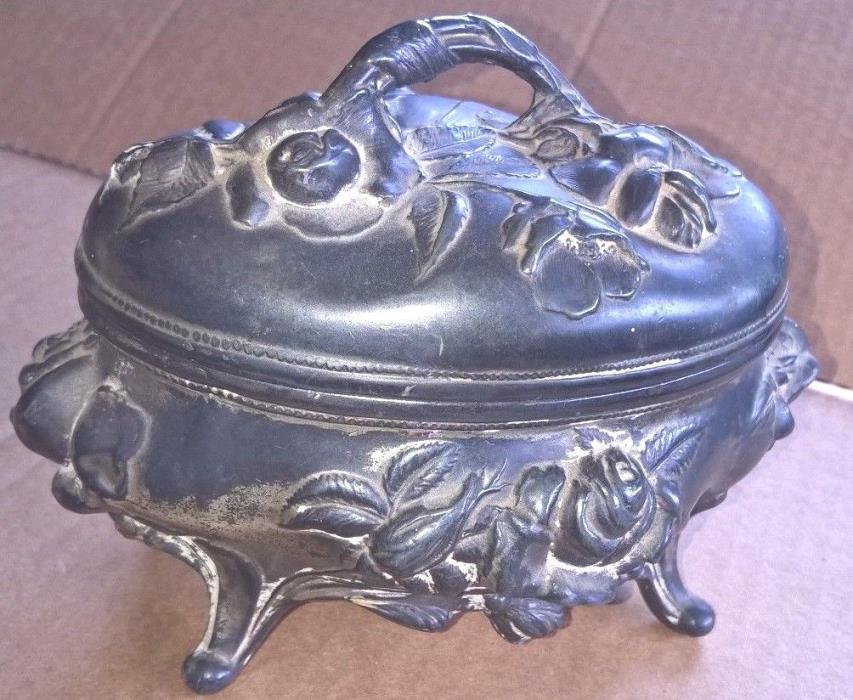 Antique Silver Plated B&K? White Metal Hinged Jewelery Box w/ Flowers 7