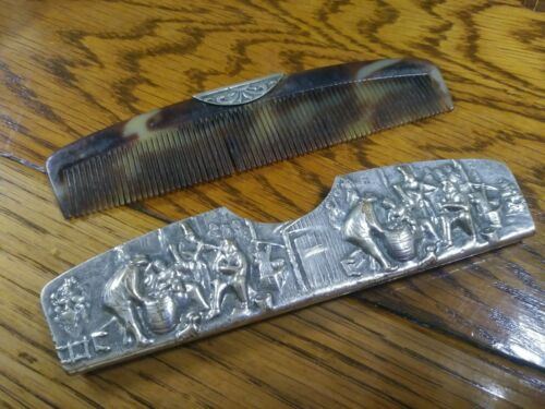 Antique VINTAGE Silver Plated embossed Pattern Hair comb Case